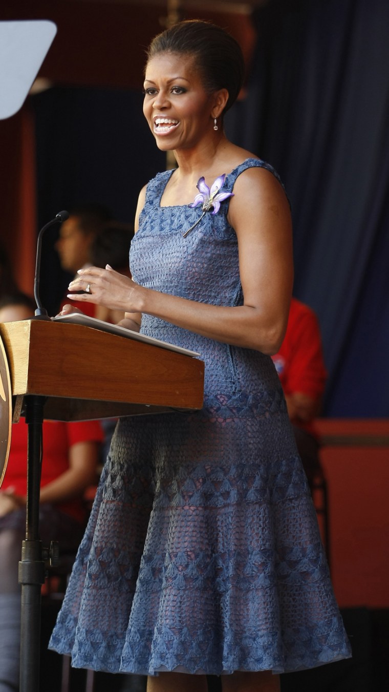 Image: U.S. first lady Michelle Obama speaks to students in Santiago